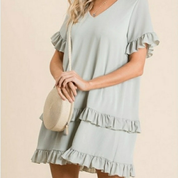 Sage Green Woven Ruffled Detailed Dress - Picture 3 of 7